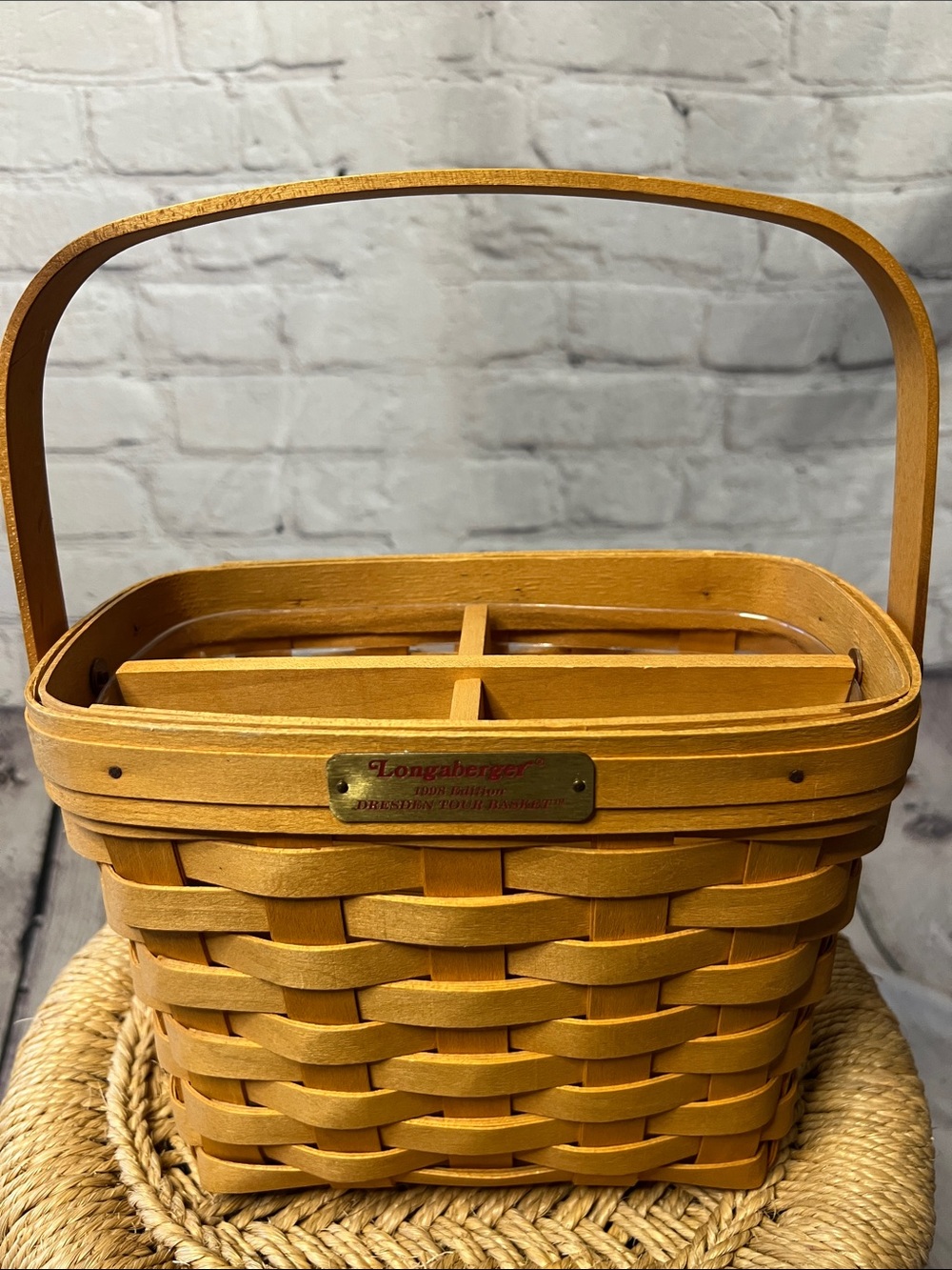 Longaberger 1998 Dresden Tour Basket with Wood Divider & Plastic Protector